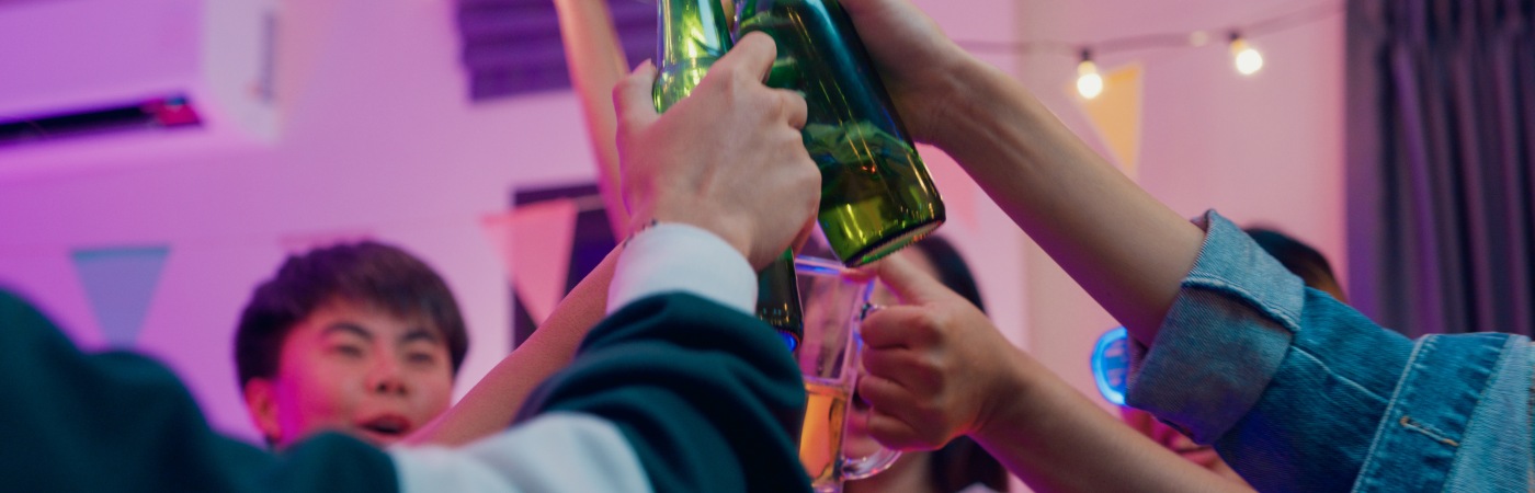 Alcohol bottles at a party